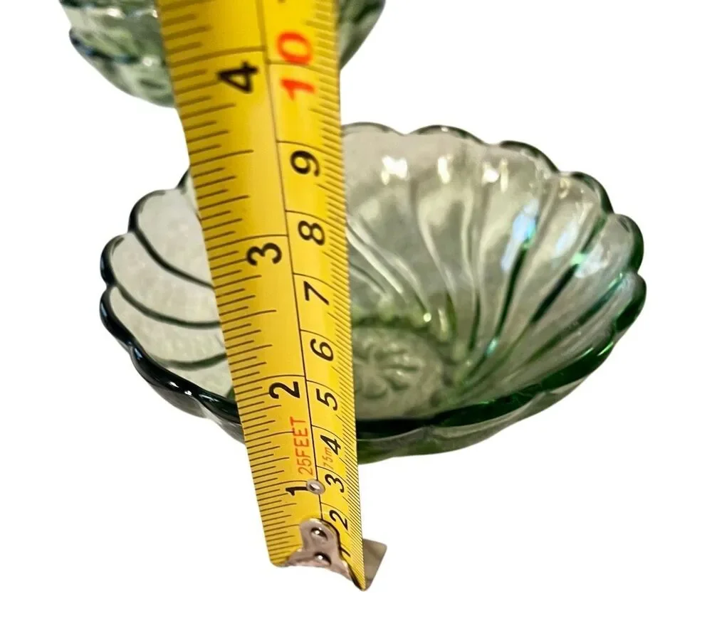 1960s MCM Hazel Atlas Avocado Green Glass Berry Bowls Seashell Swirl 4 Pieces